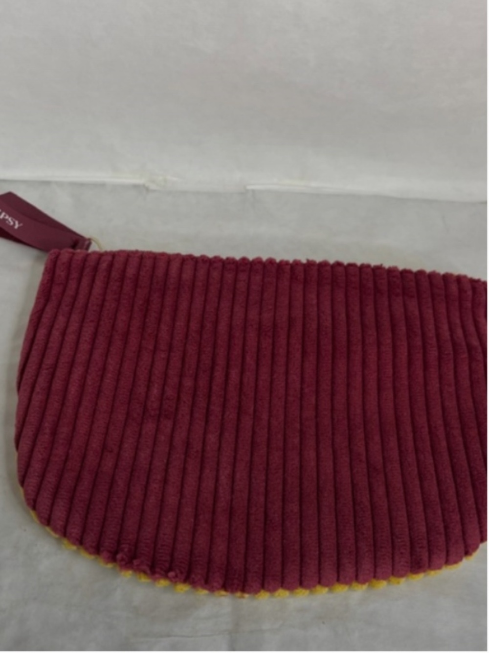 Ipsy Bag Yellow Burgundy Corduroy Zipper Pouch Makeup Travel Winter Sept 2020